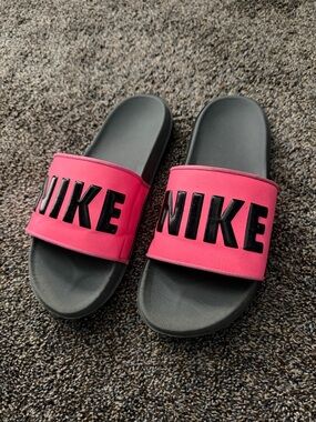 Nike Pink and Black Logo Slide Sandals